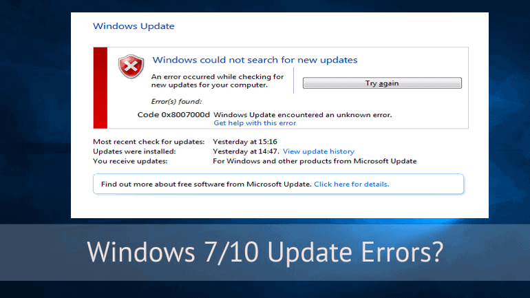 Windows update error 0x8007000d,